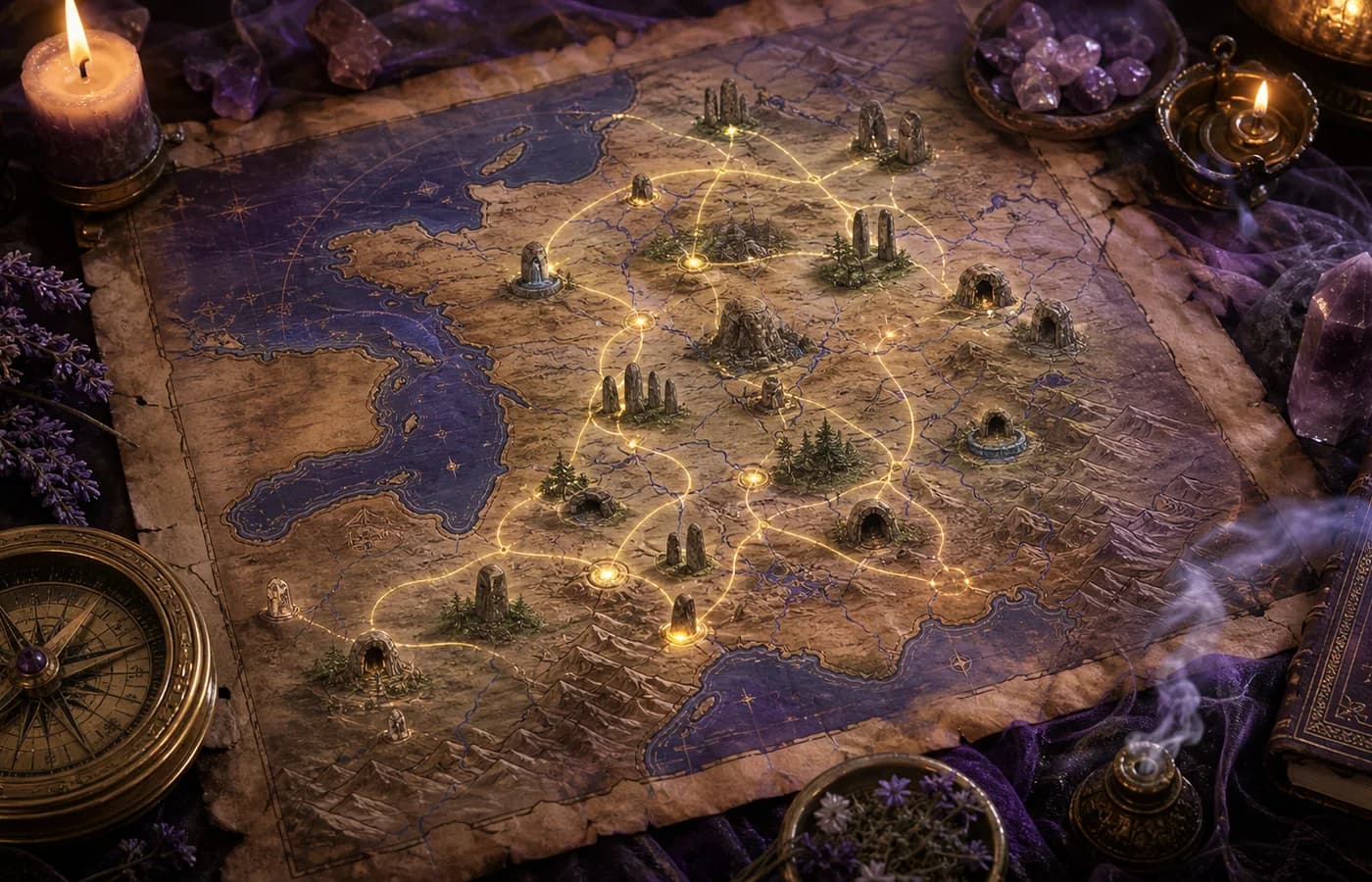 Carte spirituelle mystique avec bougies, cristaux et chemins dorés